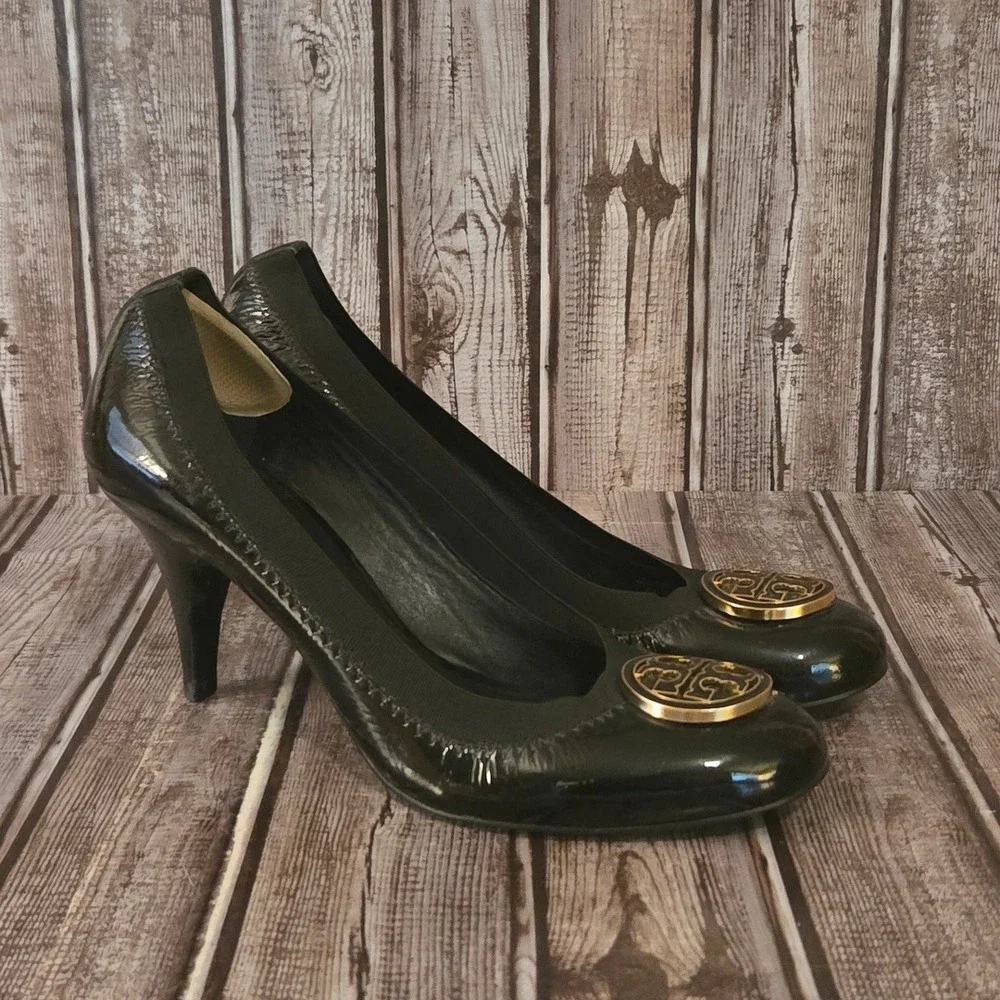 Sz 9 M Tory Burch Caroline Black Patent Leather Logo Medallion Pumps‎ Shoes VGUC